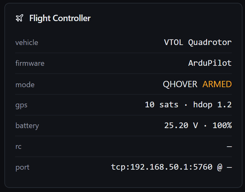 The drone agent dashboard showing the connected flight controller