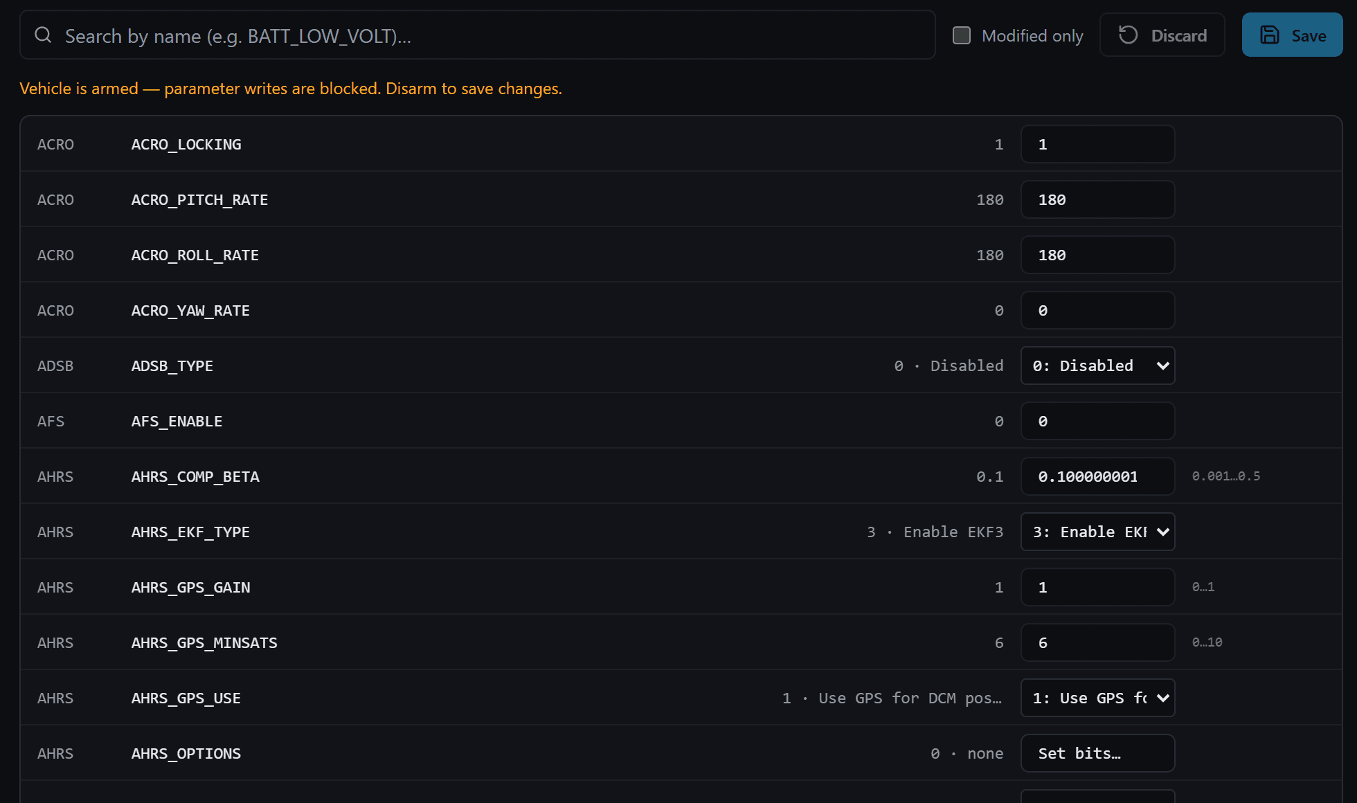 The agent's parameter page with searchable flight controller parameters