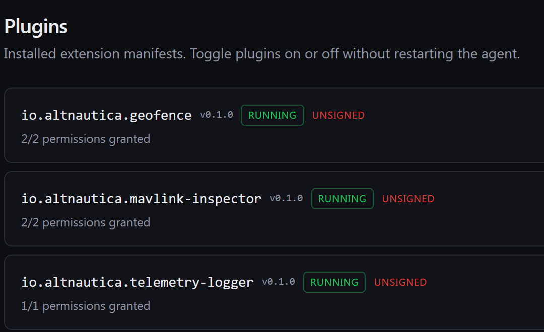Installed plugins on the drone, each with its version, state and granted permissions