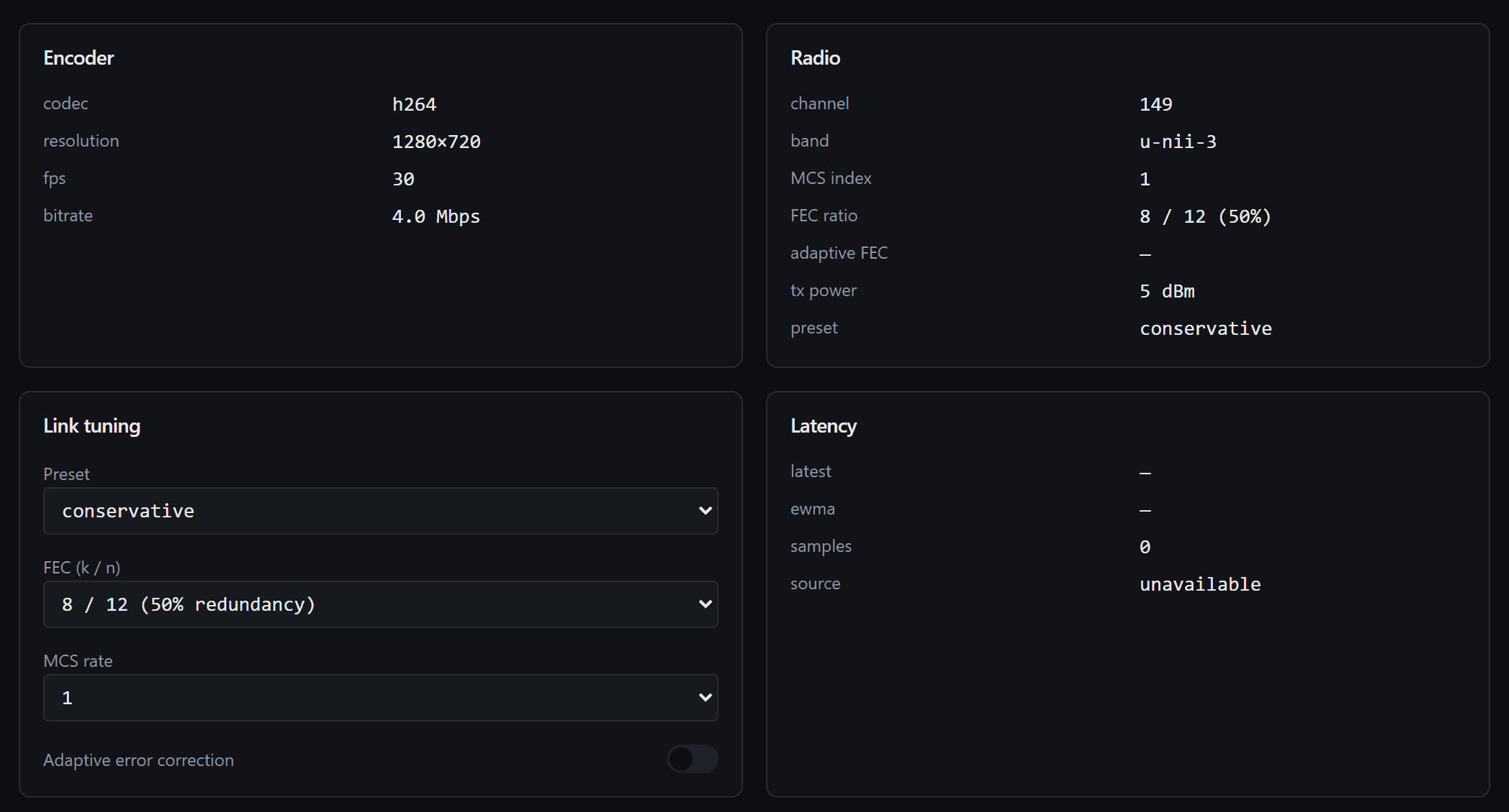 Video link settings: encoder, radio channel, FEC ratio and link tuning