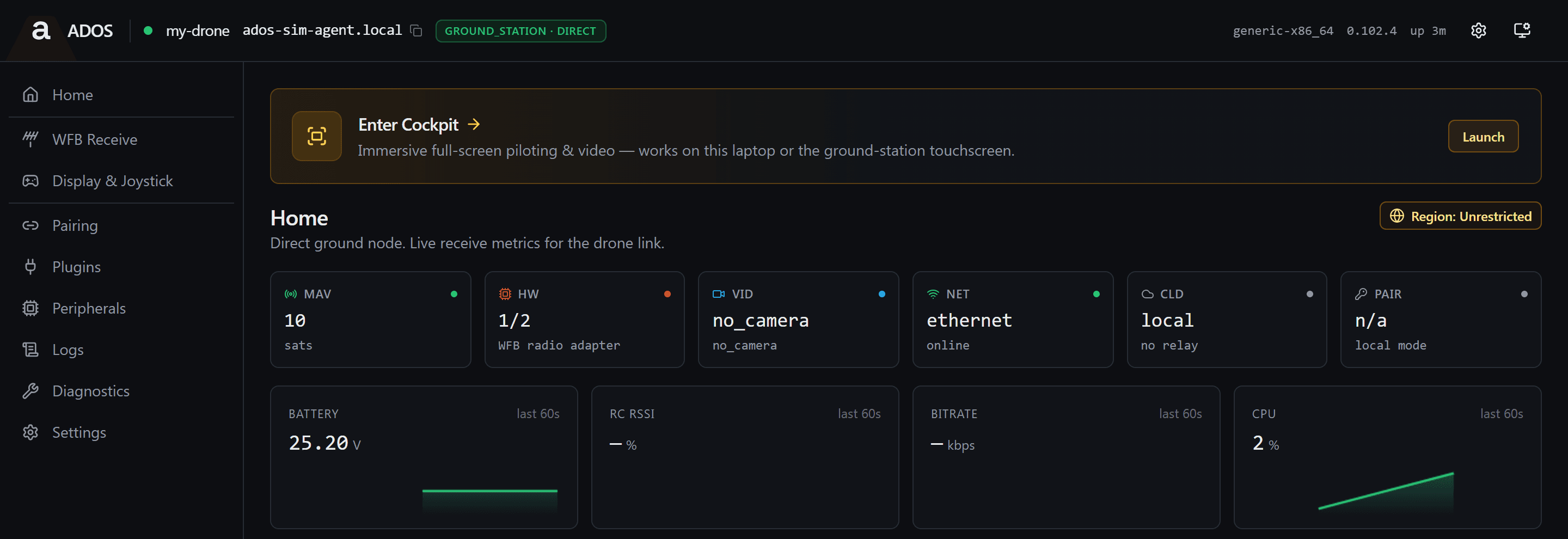 Ground station home page with live receive metrics for the drone link