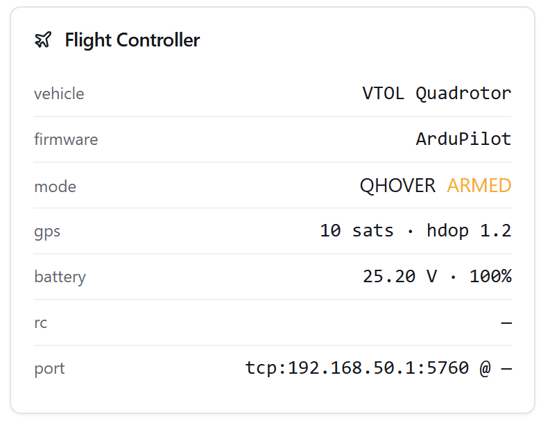 The drone agent dashboard showing the connected flight controller
