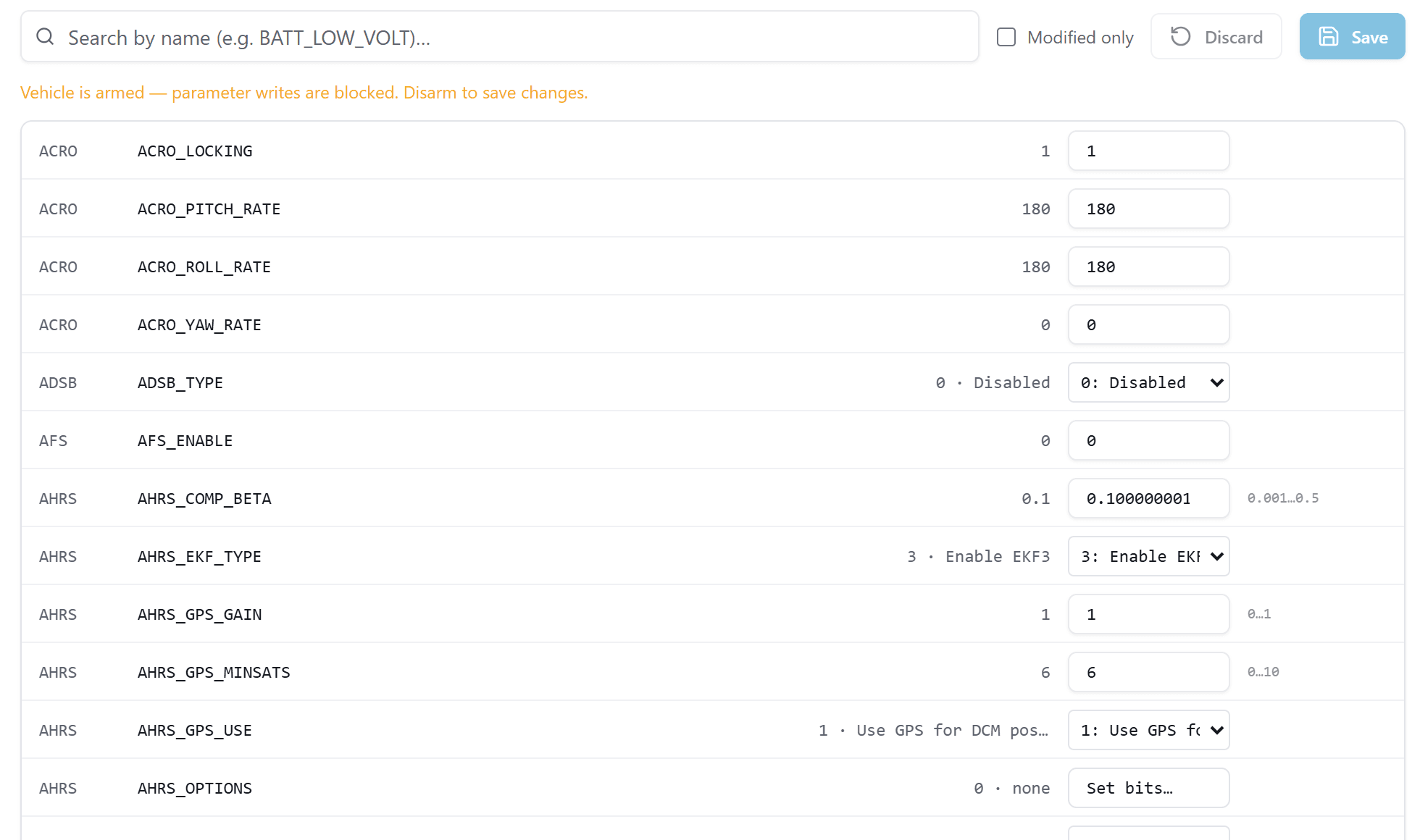 The agent's parameter page with searchable flight controller parameters
