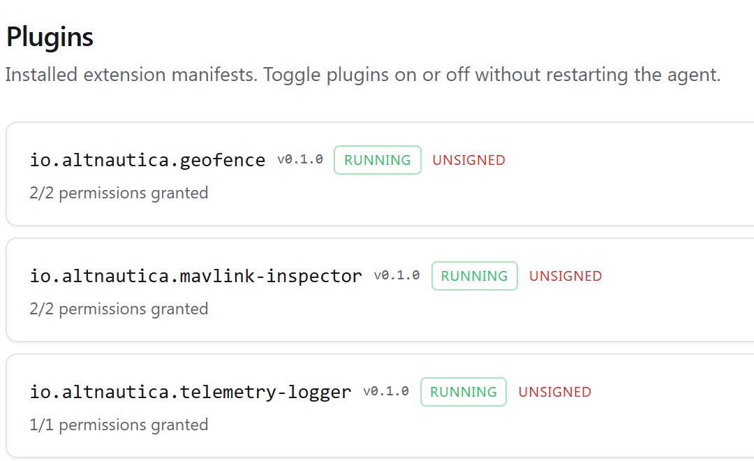 Installed plugins on the drone, each with its version, state and granted permissions