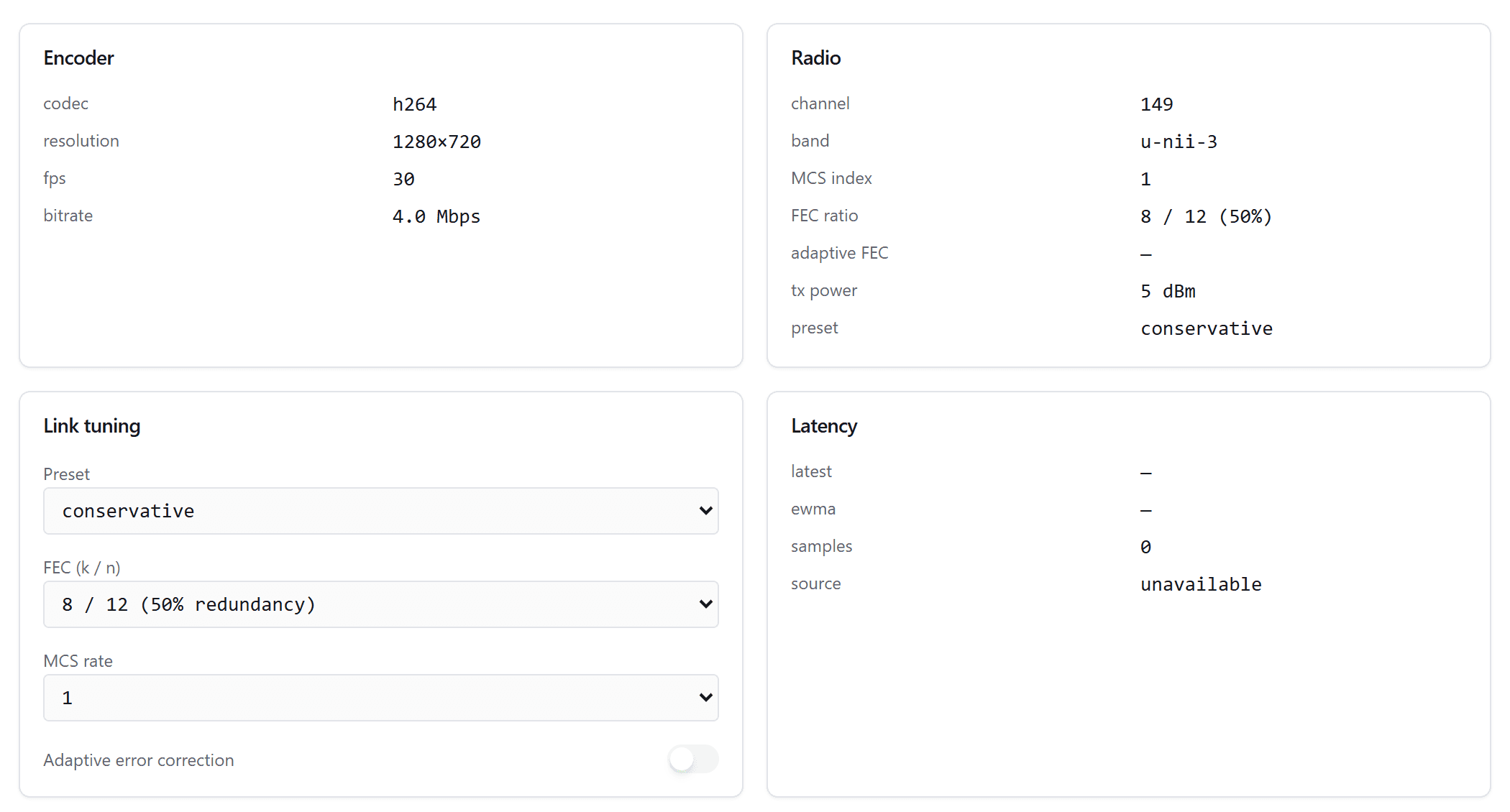 Video link settings: encoder, radio channel, FEC ratio and link tuning