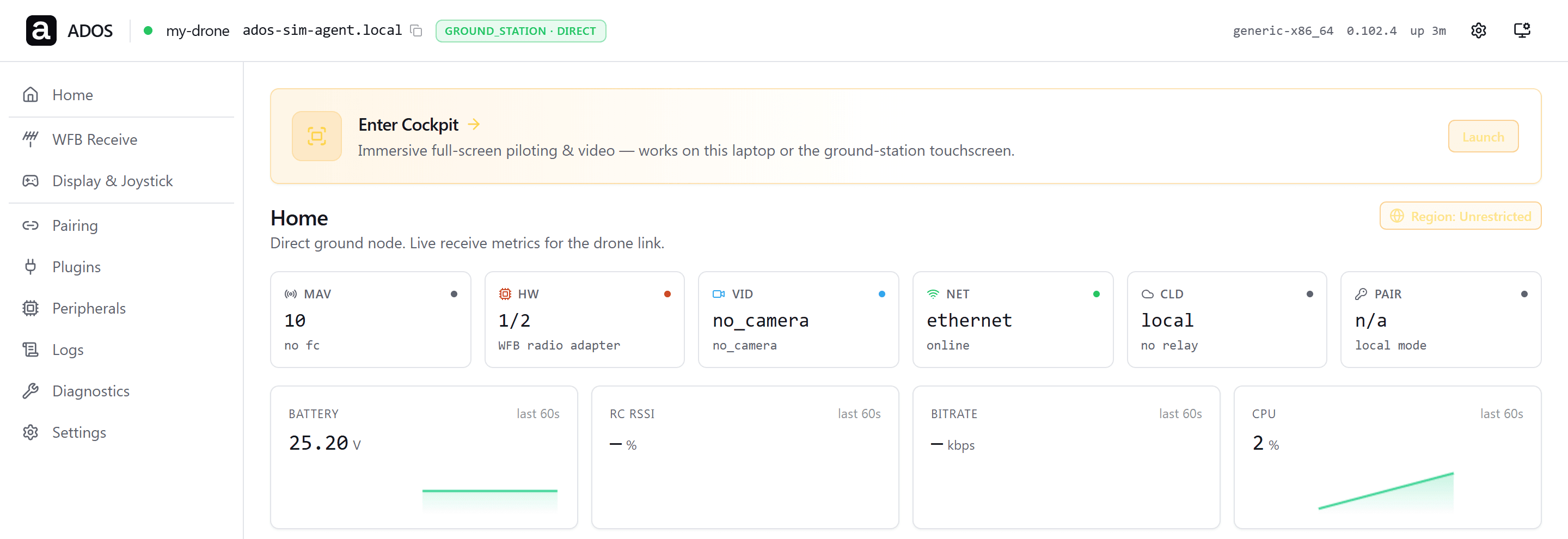 Ground station home page with live receive metrics for the drone link
