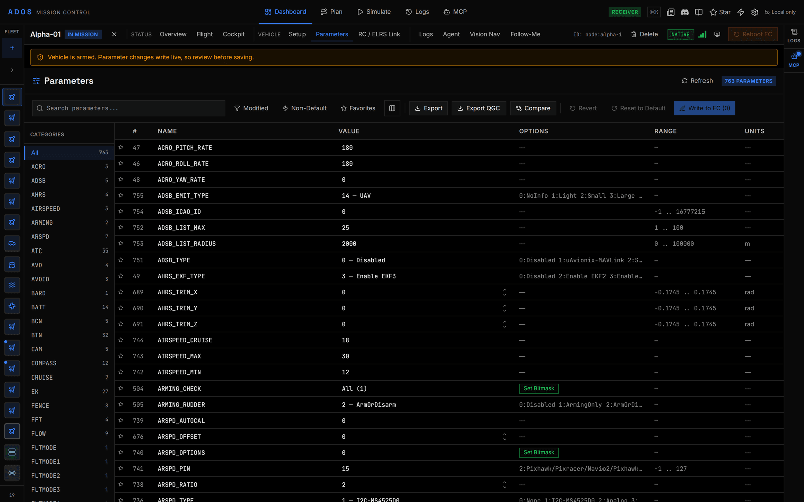 Mission Control parameter registry