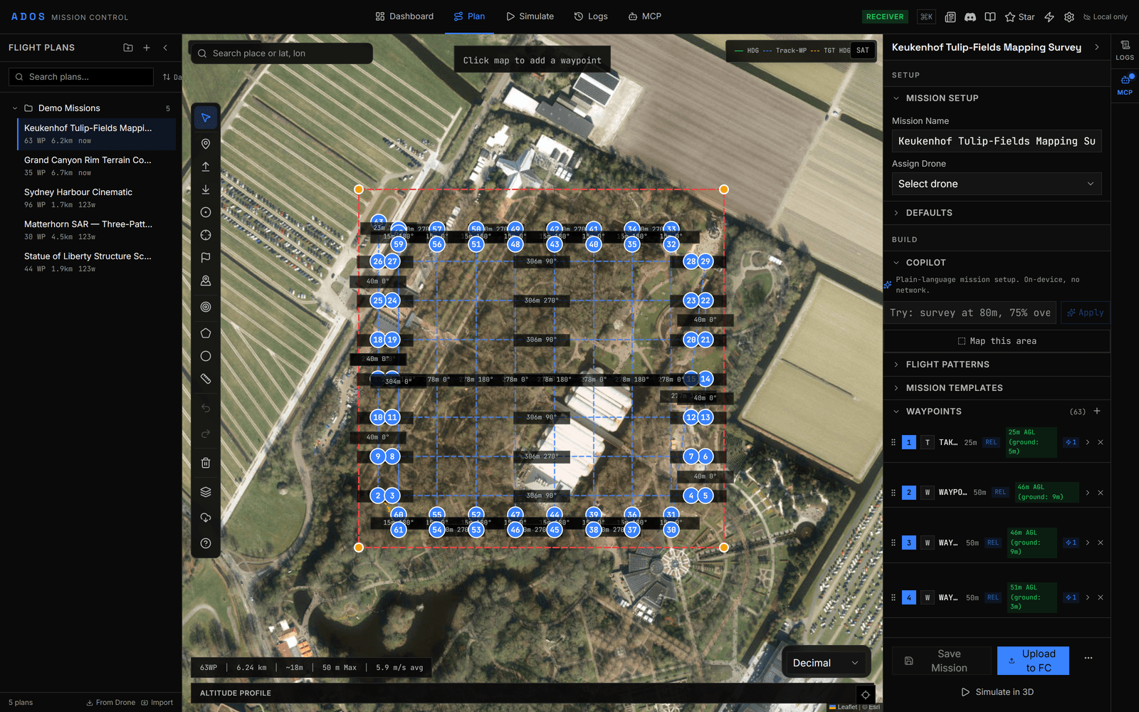 Mission planner with waypoints on the map