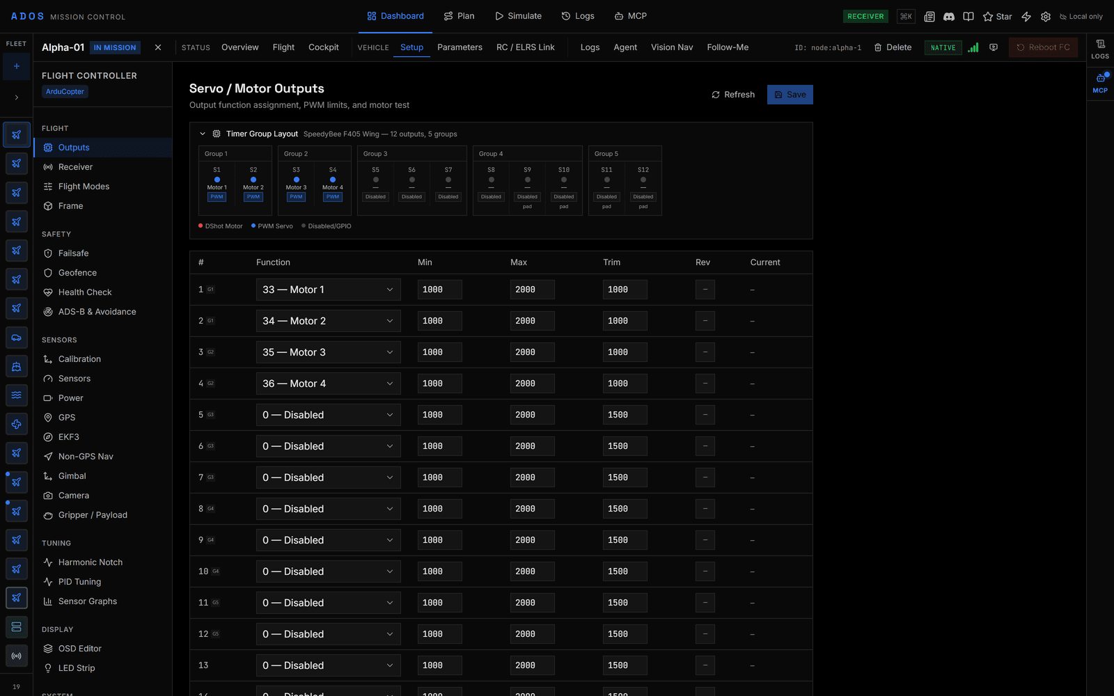 Flight controller setup view