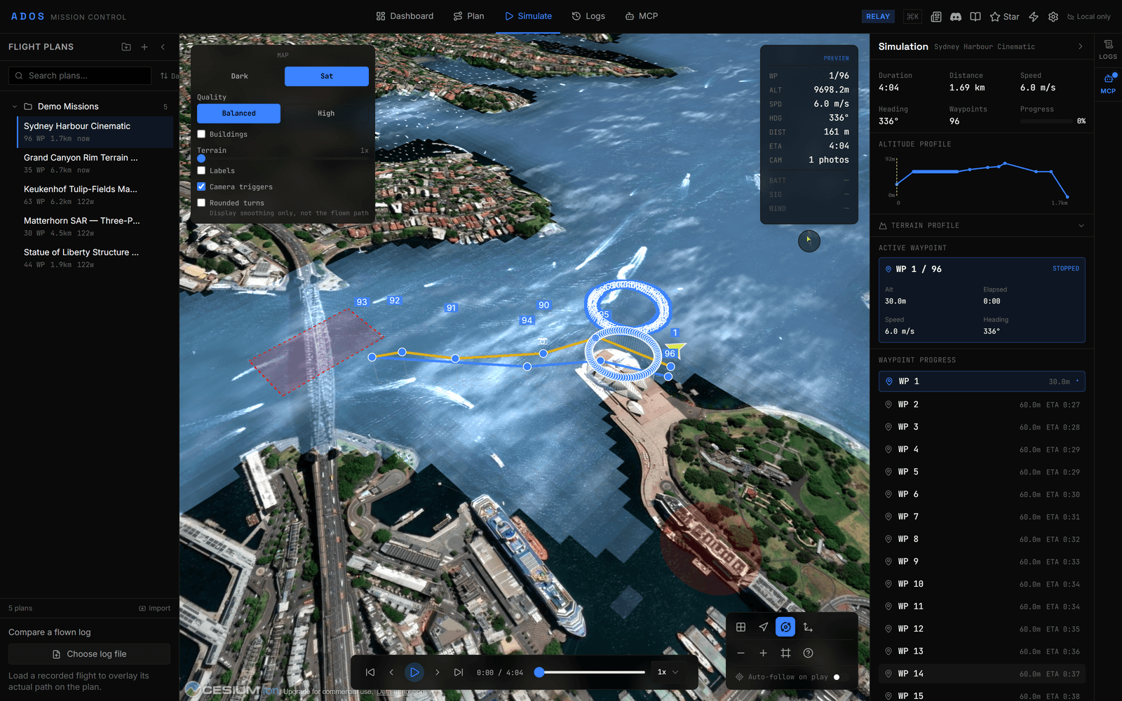 Mission Control 3D view rendering terrain and a flight path