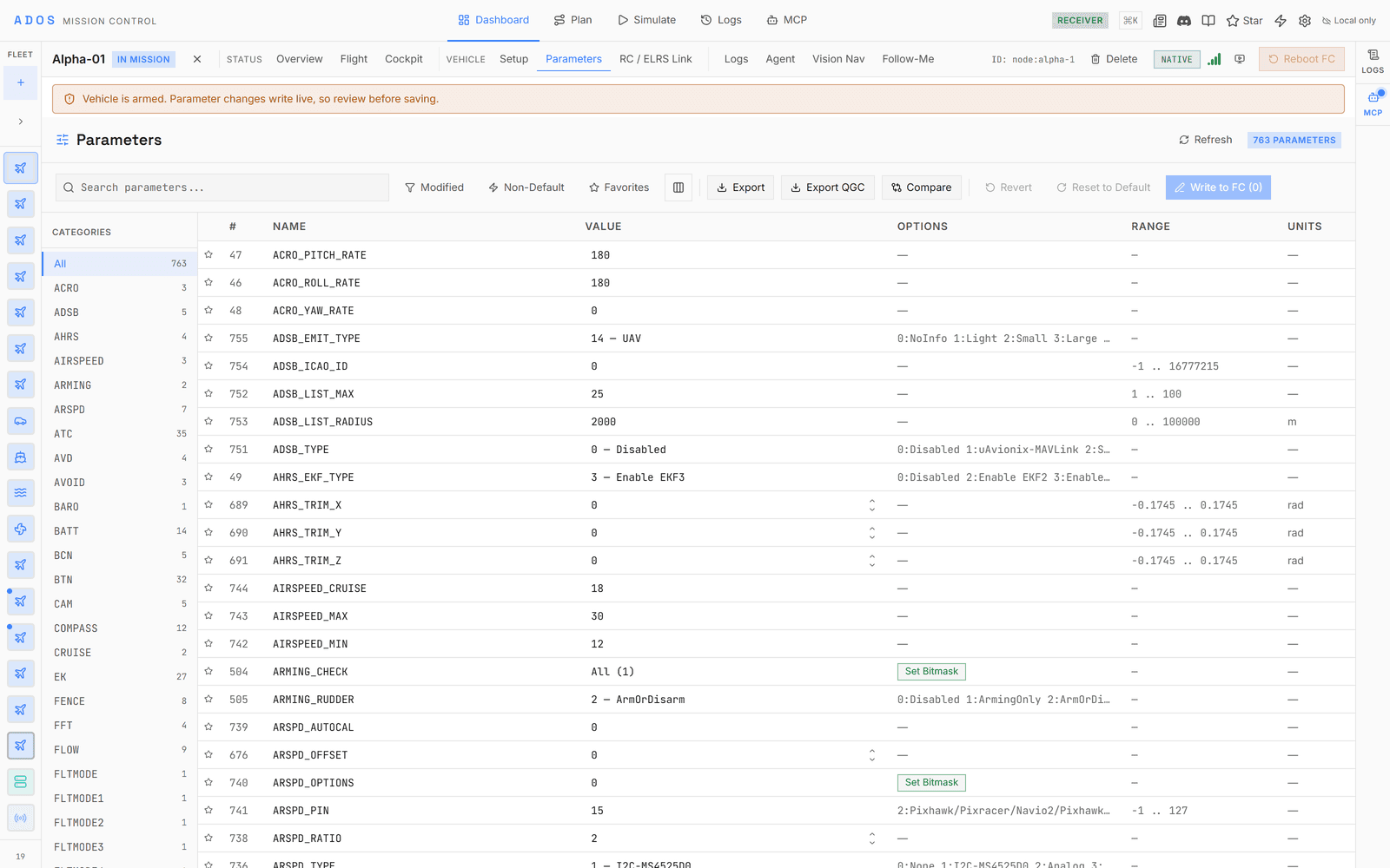 Mission Control parameter registry