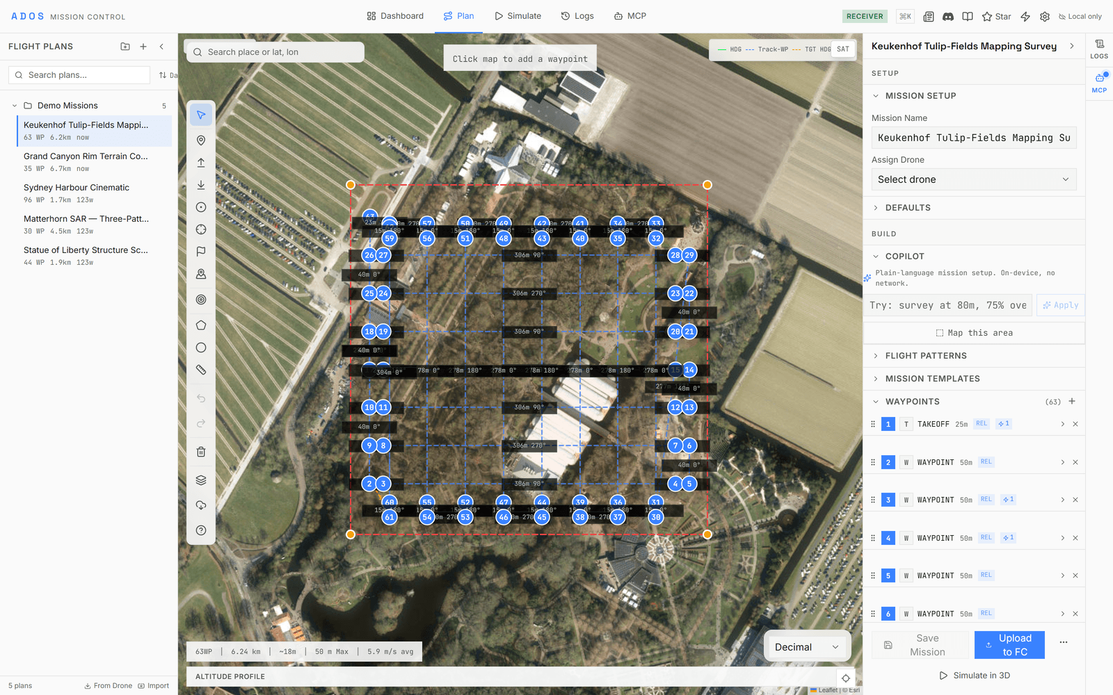 Mission planner with waypoints on the map