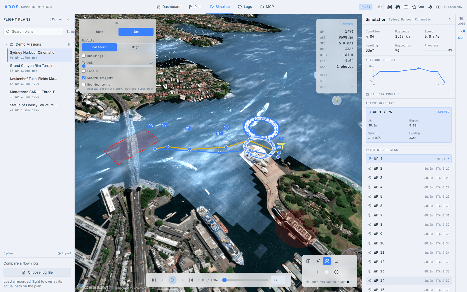 Mission Control 3D view rendering terrain and a flight path