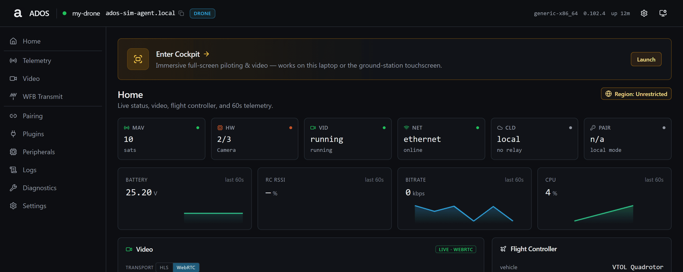 Drone Agent setup webapp home with link, flight controller and service status
