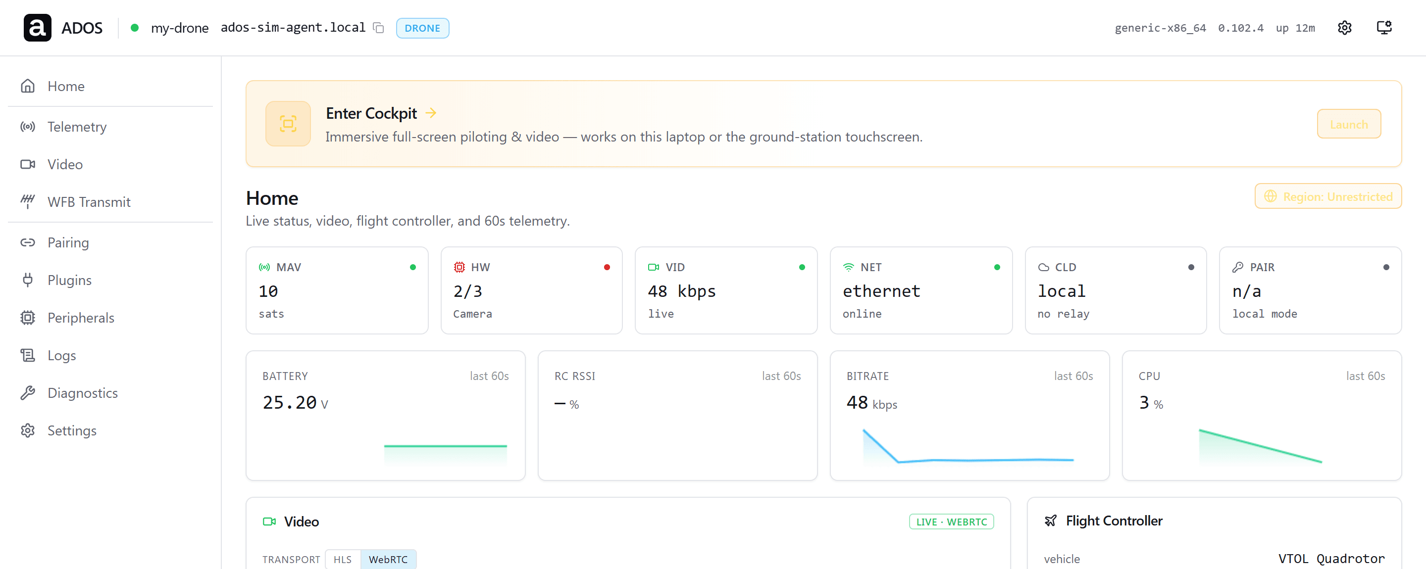 Drone Agent setup webapp home with link, flight controller and service status