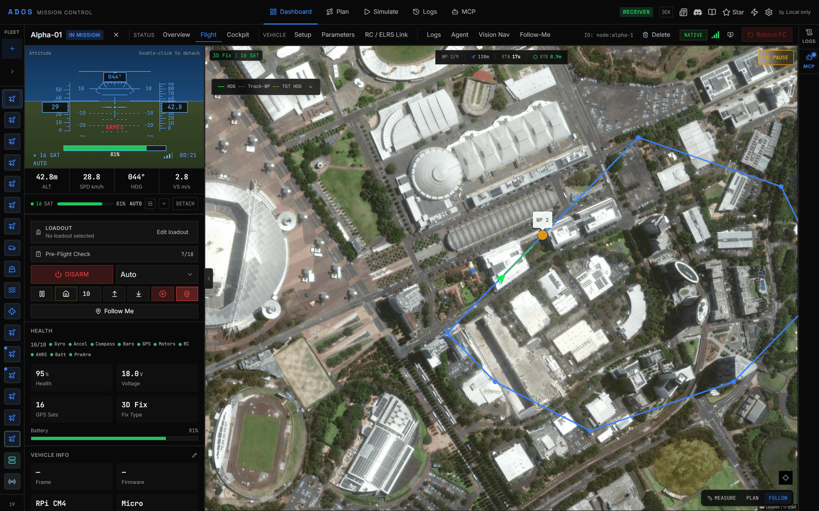 Mission Control flight view with the map and live telemetry