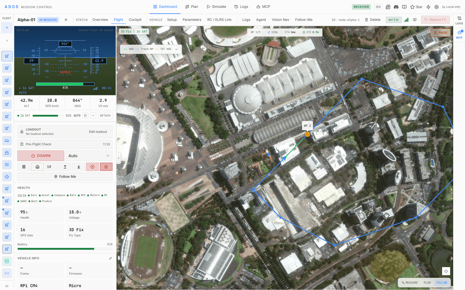Mission Control flight view with the map and live telemetry
